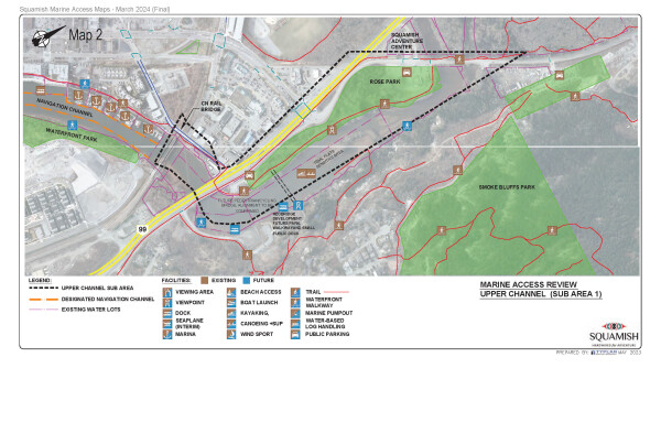 Marine access in upper channel outlined in black.