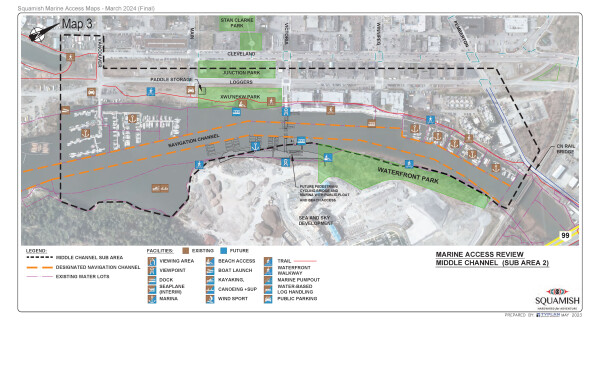 Map with middle channel marine access highlighted.