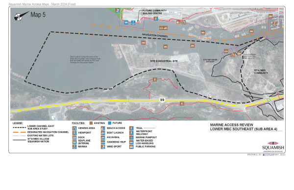 Map outlining lower mamquam blind channel marine access
